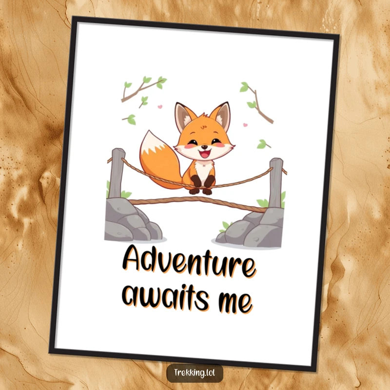 Funny poster showing a happy fox gleefully crossing a wobbly rope bridge, symbolizing joy and overcoming obstacles.