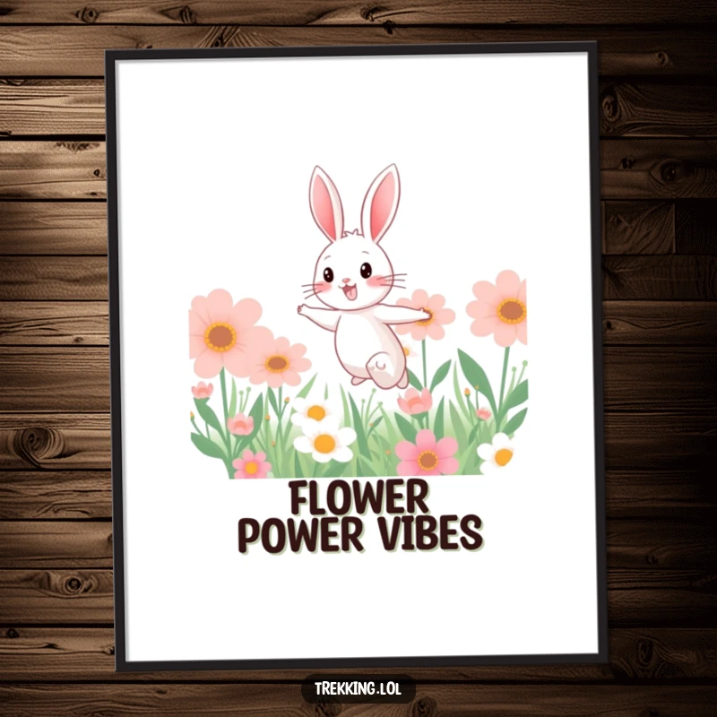 Funny poster of a happy bunny artistically leaping through a vibrant field of oversized, exotic flowers, bringing joy to any wall.