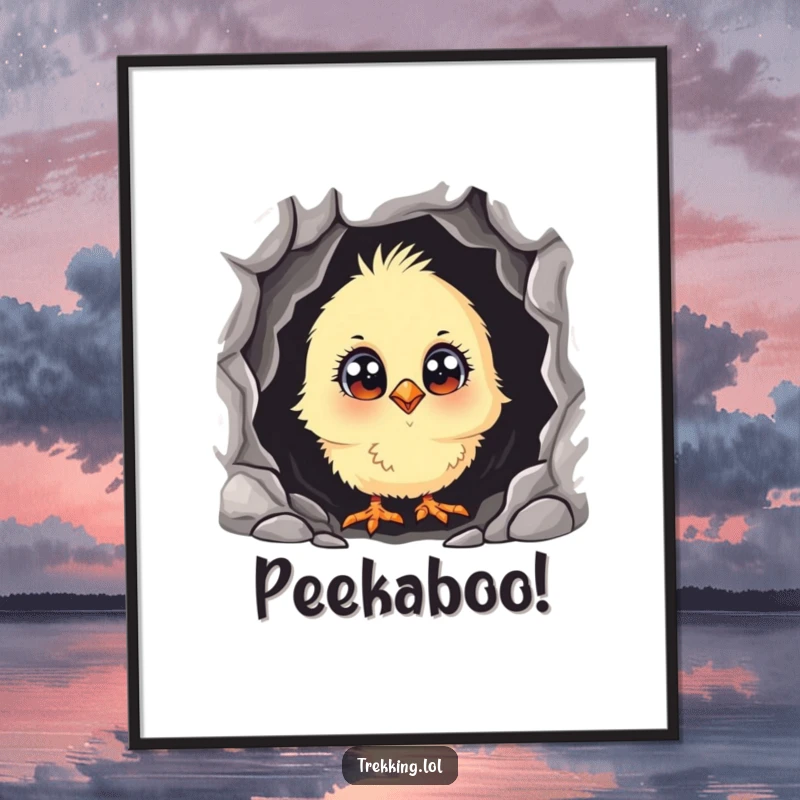 Funny curious chick peeking into a dark cave with wide eyes, displayed as intriguing wall art on a poster.