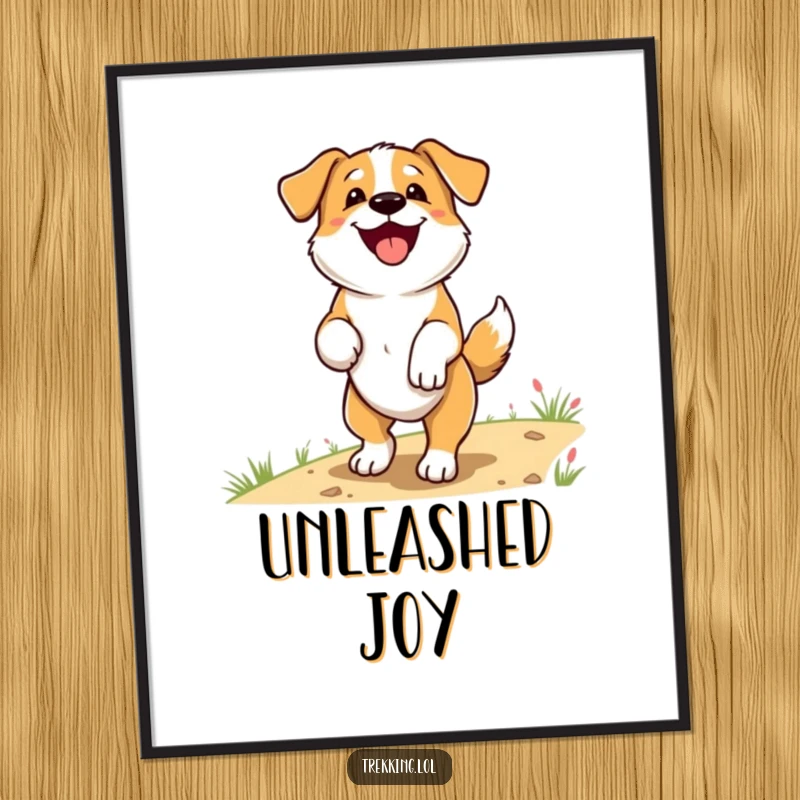 Funny Poster of a delighted dog panting happily with tail wagging on a scenic trail, bringing a sense of outdoor adventure and joy.