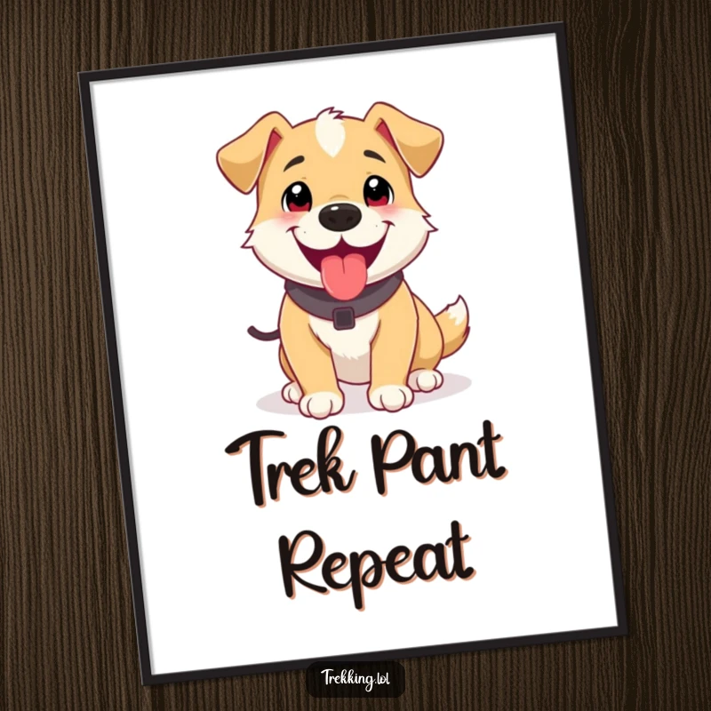 Funny poster art of a happy dog panting contentedly after a short trek, bringing joyful and humorous outdoor vibes to any room.