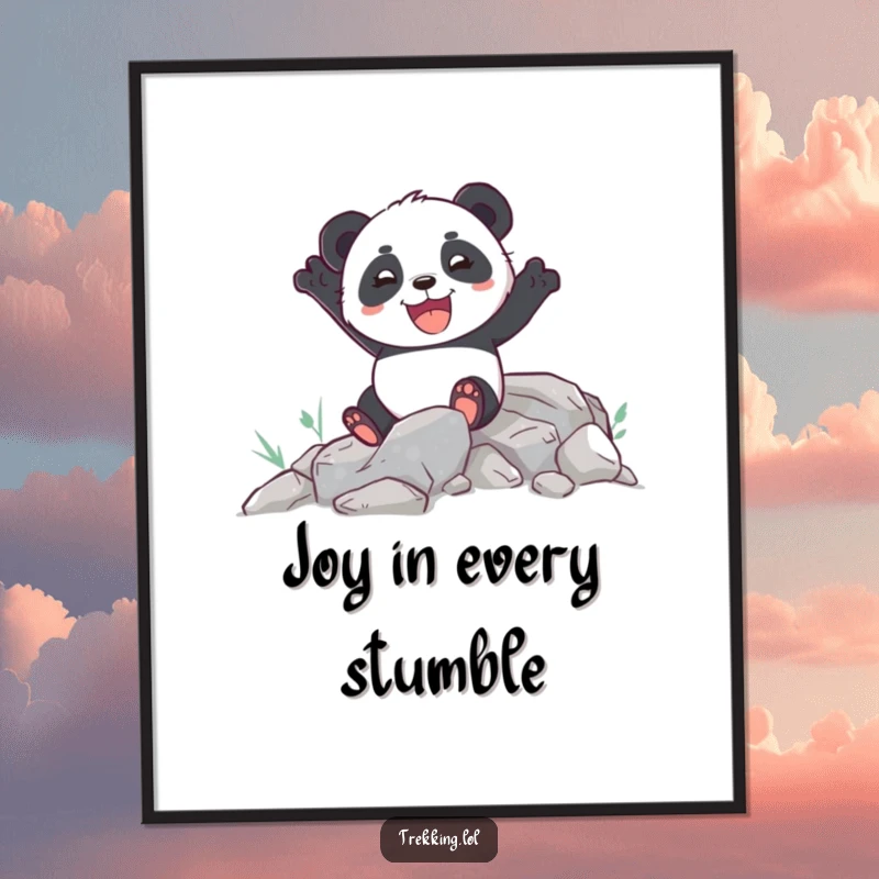 Funny poster showing an enthusiastic panda joyfully navigating a rocky path, adding motivational art.