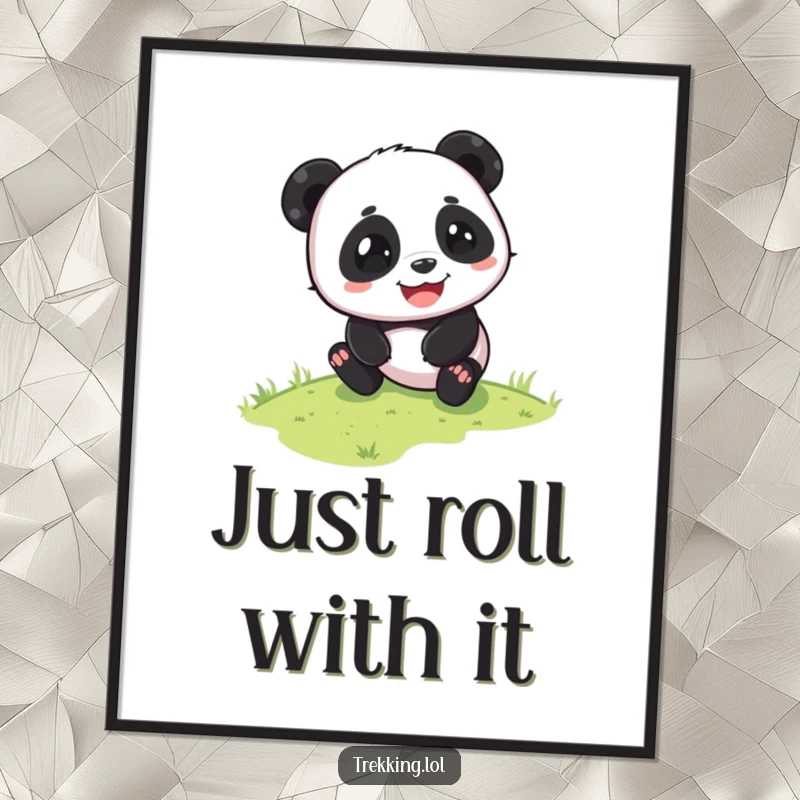Funny panda poster showing a playful panda sliding down a grassy slope with pure glee. Joyful and carefree wall art.