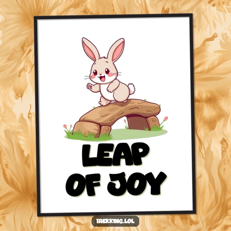 Funny rabbit log bridge poster print of a happy rabbit with a grin, hopping over a tiny log, ideal for whimsical decor.