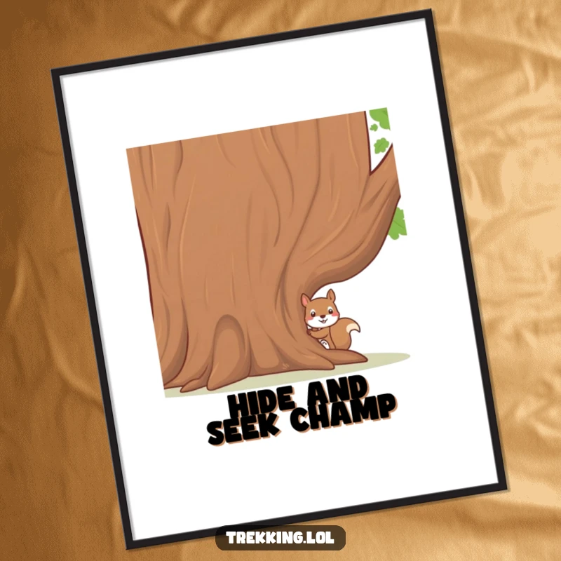 Funny poster depicting a shy squirrel peeking from behind a large, friendly tree, evoking feelings of warmth, nature, and gentle curiosity.