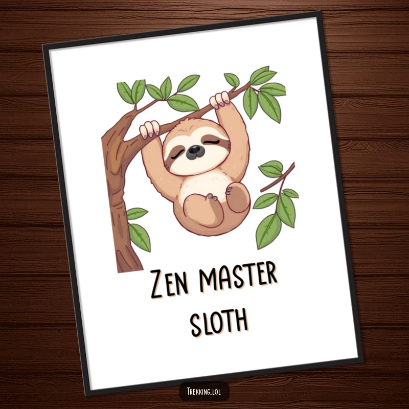 Funny poster art of a sleepy sloth hanging serenely from a branch, gazing thoughtfully at a beautiful vista.