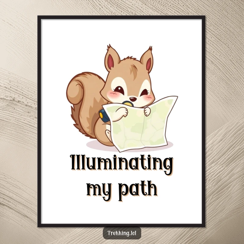 Funny poster depicting a curious squirrel examining a map with a headlamp, symbolizing exploration and discovery.