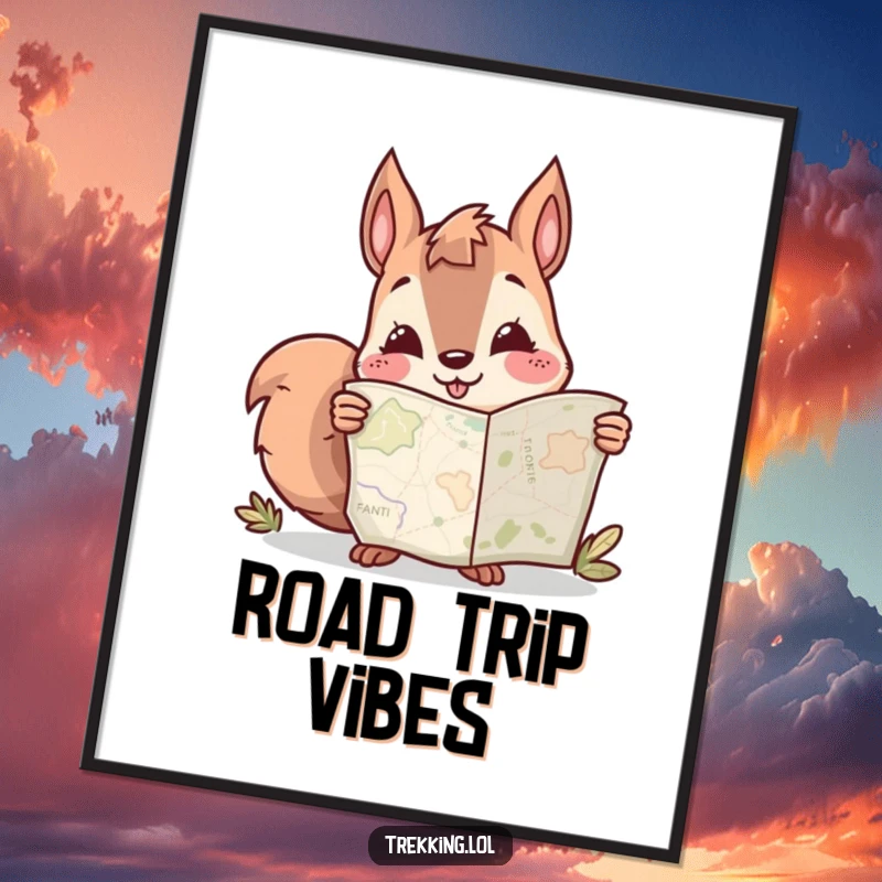 Funny poster featuring a curious squirrel character peering at a map with a wide, happy smile, adding humor to decor.