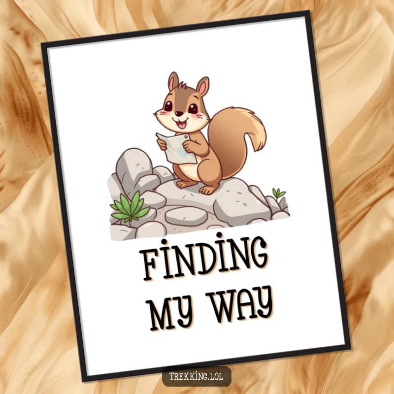 Funny squirrel poster depicting a cheerful rodent holding a map, happily navigating a rocky path, inspiring adventure.
