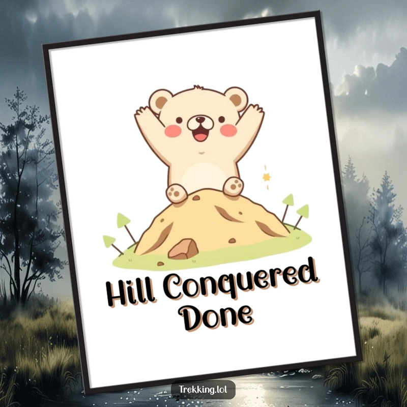 Funny poster art of a bear ecstatically cheering after conquering a small hill, bringing motivational humor and vibrant energy to any space.