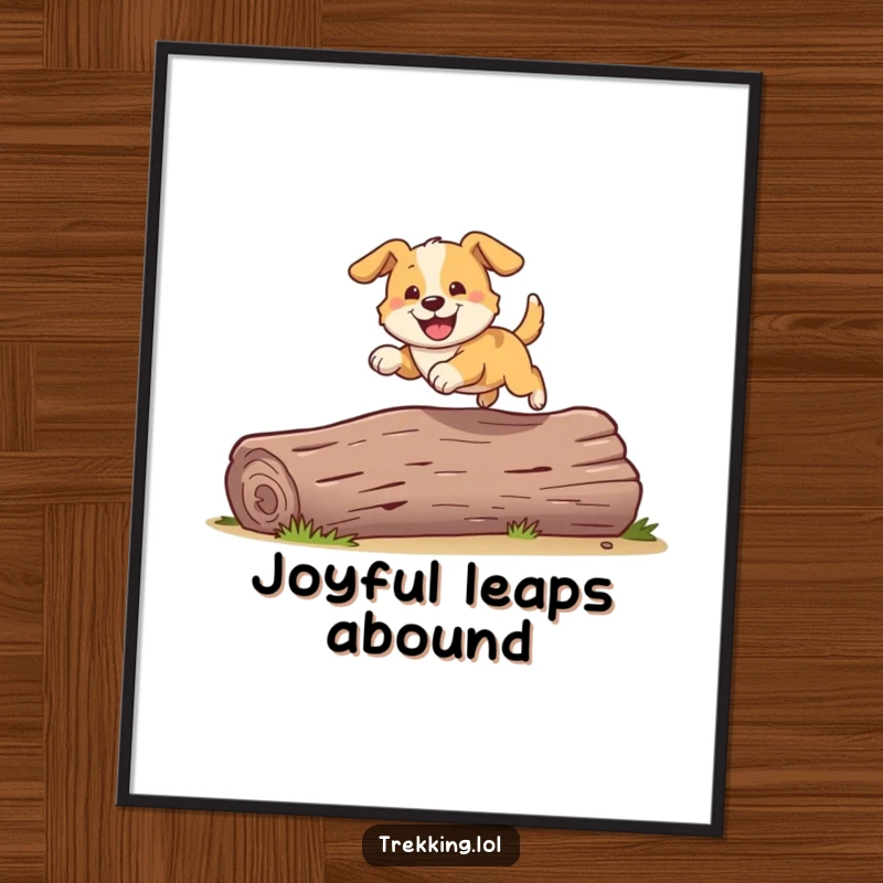 Funny poster capturing a playful dog with a wide grin as it bounds over a fallen log, radiating pure fun.