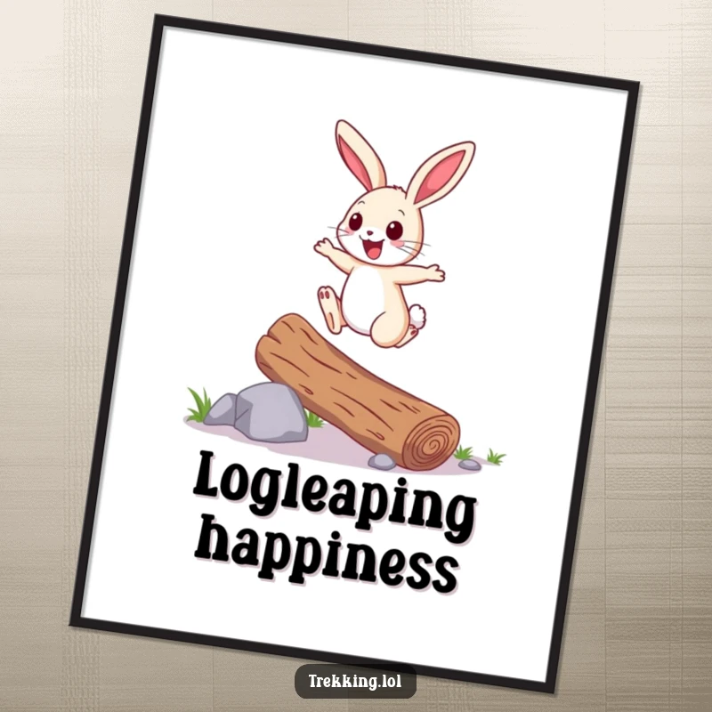 Funny Poster: A cheerful bunny hops over a fallen log with joyful energy, creating whimsical wall art that radiates happiness and lightheartedness.
