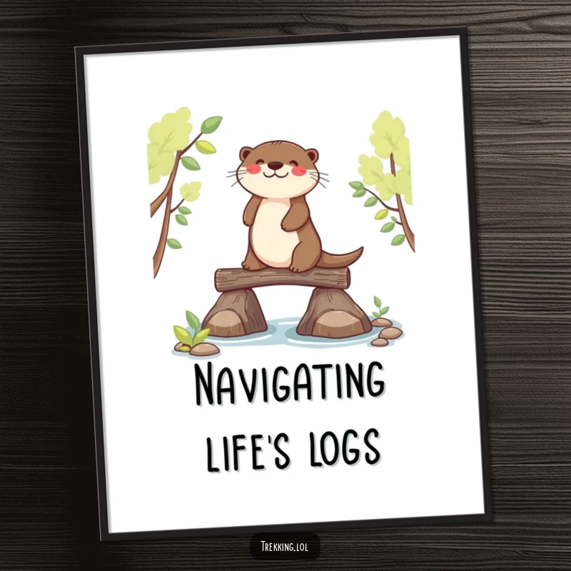 Funny joyful otter balancing on a narrow log bridge, depicted as serene wall art for any room.