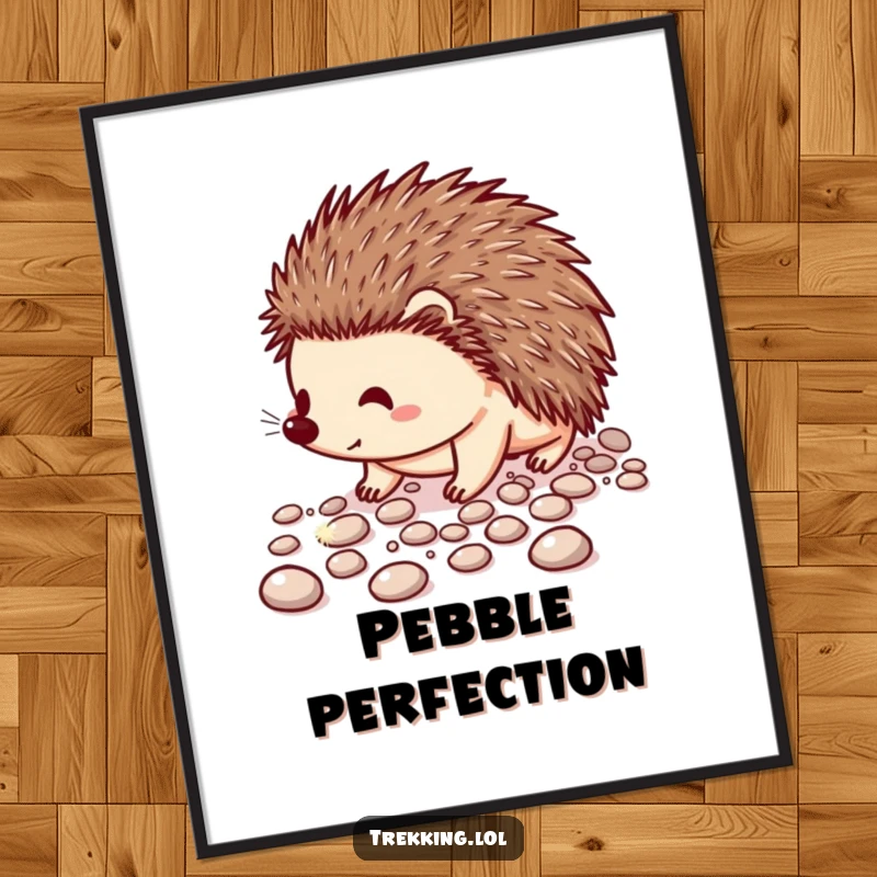 Funny poster art of a cheerful hedgehog carefully walking on a path of glittering pebbles, conveying delicate joy.