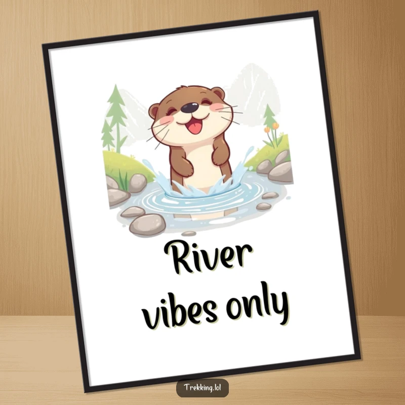 Funny poster art of a happy otter gleefully splashing through a shallow mountain stream, bringing joy to any space.