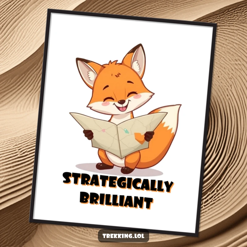 Funny cheerful fox consulting a large, unfolded map with a grin on a poster, adventurous and humorous wall art.