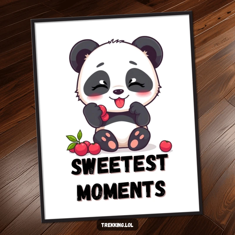 Funny panda poster, a giggling panda character delighted by eating a pile of fresh berries.