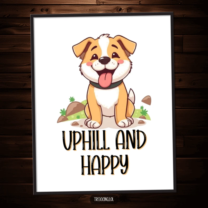 Funny poster art of a content dog panting happily after ascending a steep hill, capturing the essence of achievement.
