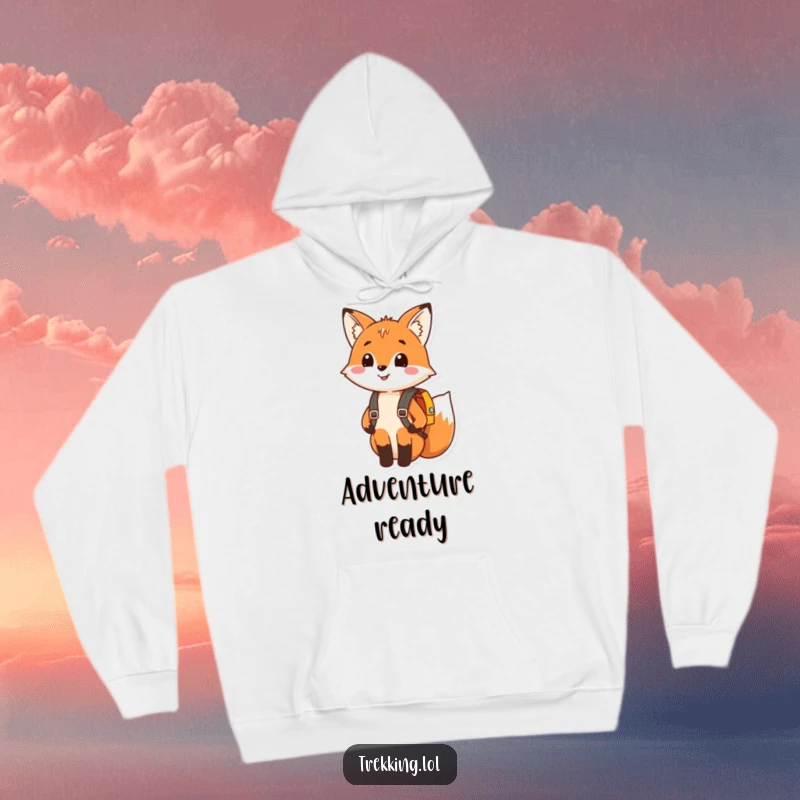 Funny hoodie featuring a happy fox smiling and wearing a tiny backpack, designed for comfort and playful adventure.