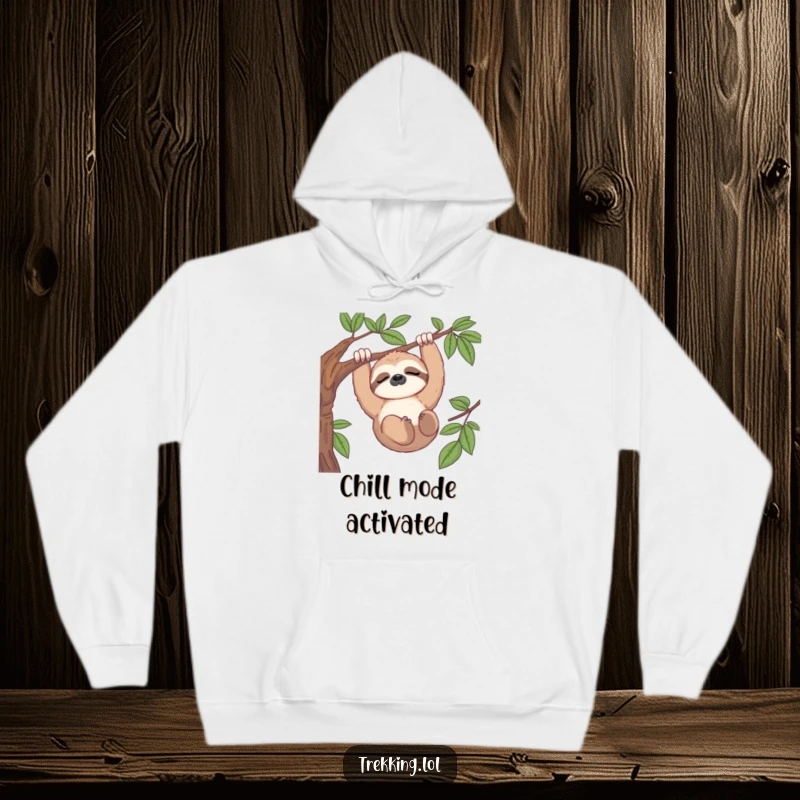 Funny hooded sweatshirt of a sleepy sloth hanging peacefully from a tree branch, enjoying a tranquil view.