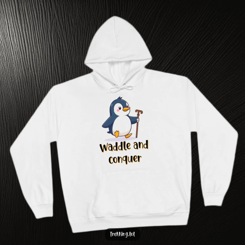 Soft, warm hoodie featuring a playful penguin waddling with a walking stick, ideal for outdoor activities.