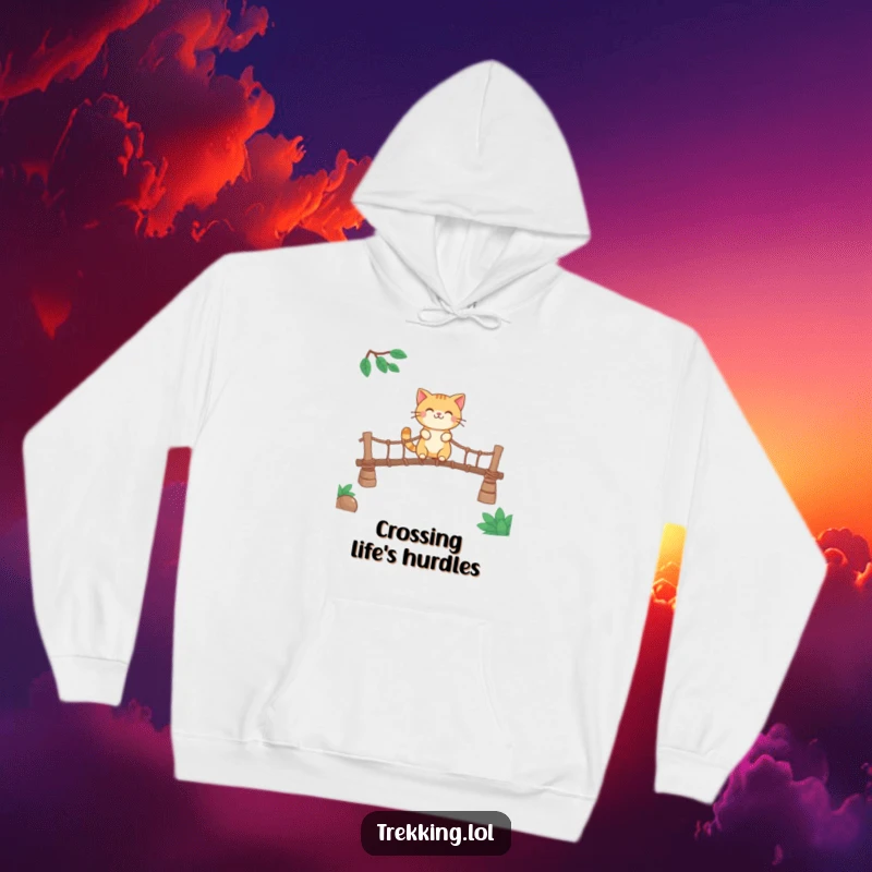 Funny hoodie with a smiling cat character crossing a rickety rope bridge, providing warmth and a symbol of feline adventure.