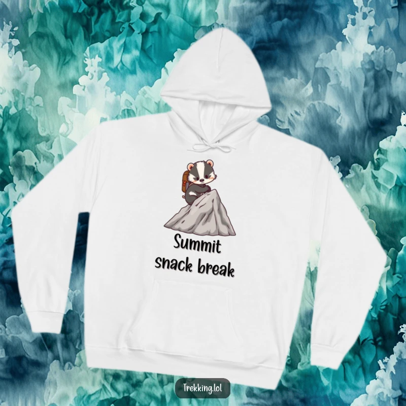 Funny hoodie featuring a determined badger scaling a miniature mountain with a tiny backpack, offering warmth and adventurous style.