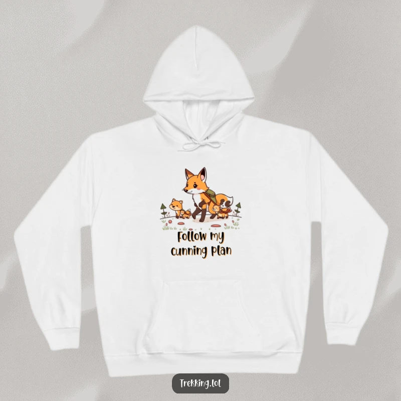 Funny hoodie with a determined fox guiding a pack of smaller animals on a cheerful and hilarious hiking journey.