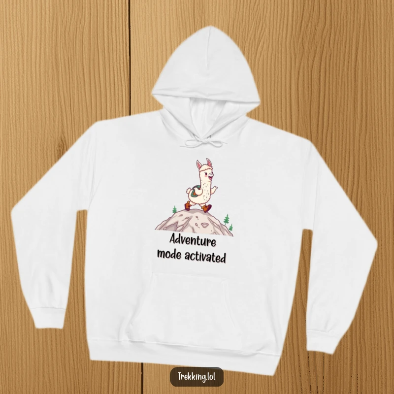 Funny happy alpaca wearing hiking boots, joyfully skipping up a mountain on a hoodie, warm gift.
