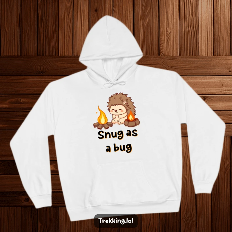 Funny hoodie featuring a happy hedgehog sighing contentedly by a campfire, perfect for warm, cozy wear outdoors.