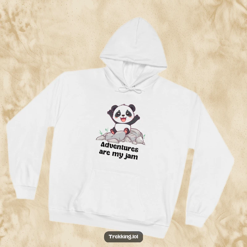 Funny hoodie featuring an enthusiastic panda joyfully navigating a rocky path, ideal for warmth on trails.