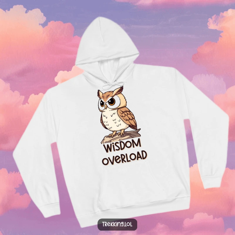Funny proud owl surveying a landscape from a high perch, featured on a cozy hoodie for humorous contemplation and warmth.