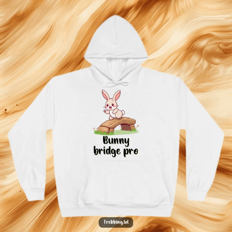 Funny rabbit log bridge hoodie featuring a happy rabbit with a grin, hopping over a tiny log bridge, perfect for casual wear.