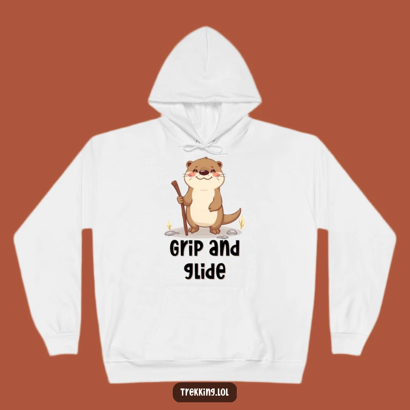 Funny Otter Walking Stick Hoodie: Smiling Navigator Otter, Cozy River Companion Gift