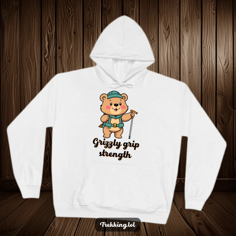 Funny determined bear enthusiastically using hiking poles on a hoodie, warm and motivating.