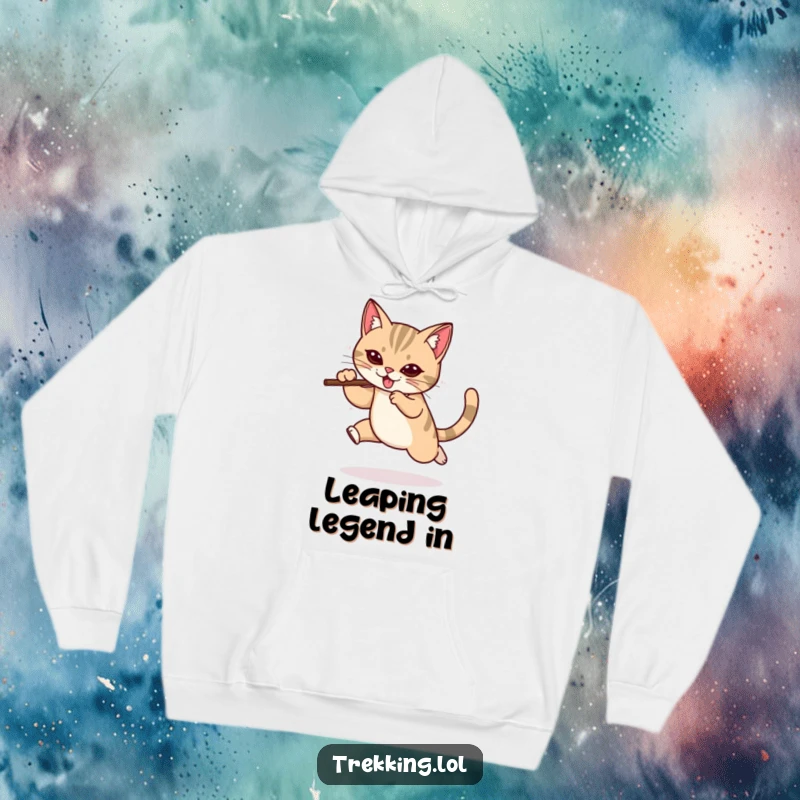 Funny hoodie design of a determined cat using a walking stick for a powerful leap, conveying strength and humorous agility.
