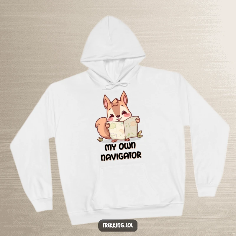 Funny hoodie showcasing a smiling squirrel character engrossed in a map, perfect for cozy adventures and laughter.