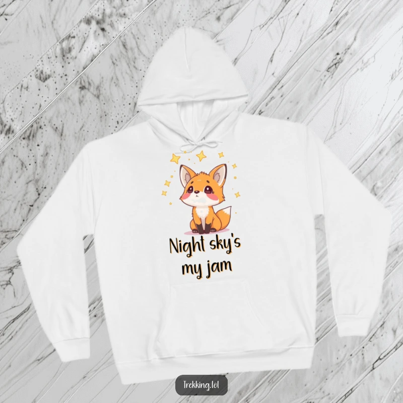 Funny Hoodie featuring a curious fox looking up in wonder at a sky dotted with stars, offering warmth and a sense of cosmic awe.