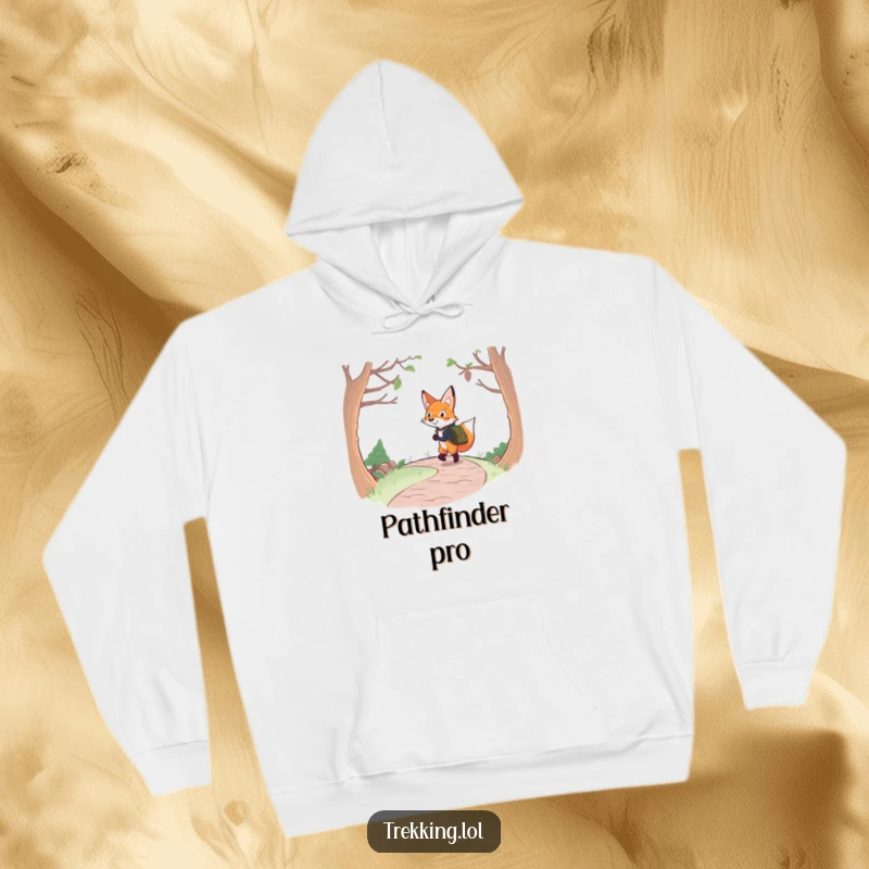 Funny fox backpacking hoodie featuring a determined fox wearing a backpack, cheerfully navigating a winding path, perfect for outdoor enthusiasts.