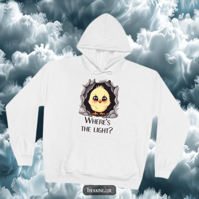 Funny curious chick peeking into a dark cave with wide eyes, featured on a cozy hoodie for humorous adventuring.