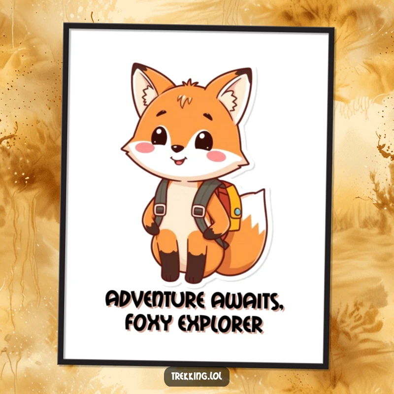 Funny Free Printable Wall Art: A smiling fox wearing a tiny backpack, embodying adventure and cuteness.