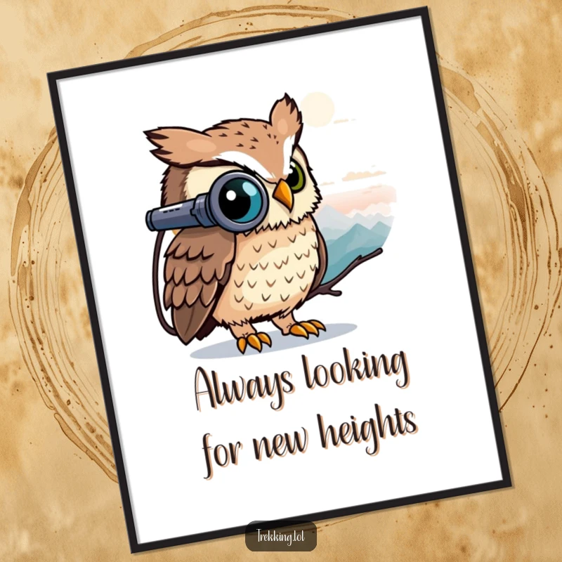 Funny Free Printable Wall Art of a curious owl peeking through binoculars at a distant peak, offering a humorous perspective for your walls.
