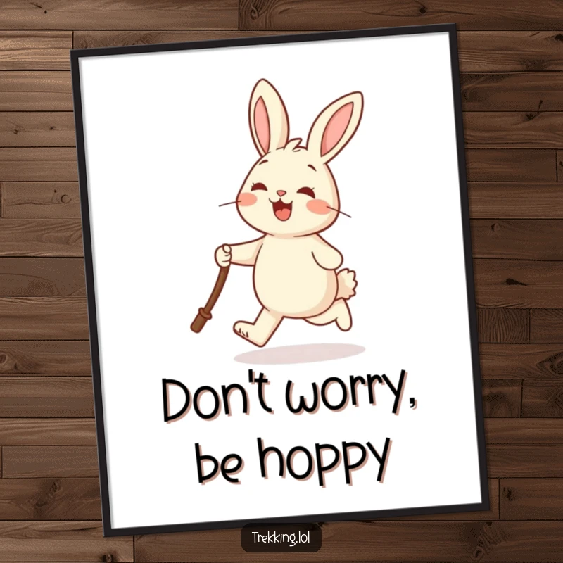 Funny Free Printable Wall Art: A cheerful rabbit joyfully skipping with a walking stick, embodying playful energy.