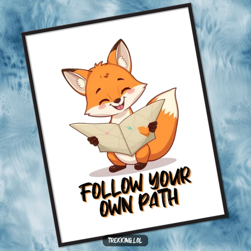 Funny free printable wall art: A cheerful fox with a grin consults a large, unfolded map, bringing directional humor.