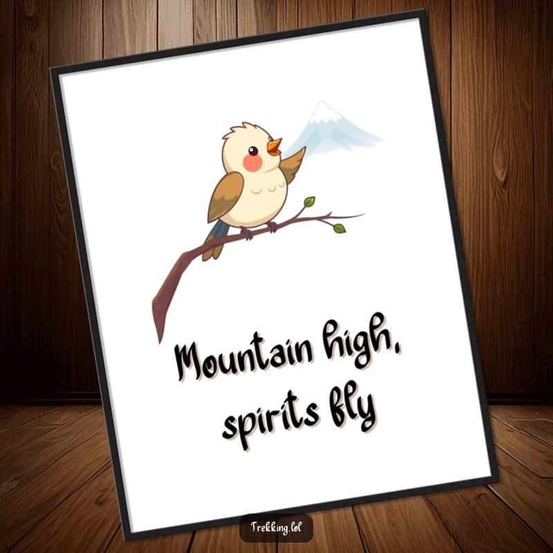 Funny Free Printable Wall Art: Delighted bird on branch enthusiastically points towards a majestic distant mountain.