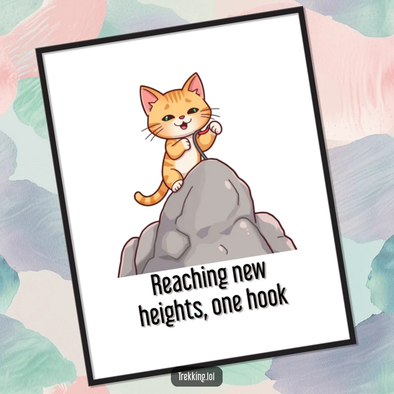 Funny Free Printable Wall Art: Determined cat grappling hook heroically ascending a rocky outcrop, full of purpose.