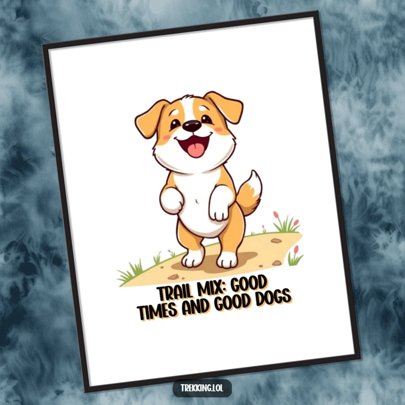 Funny Free Printable Wall Art capturing a delighted dog panting and wagging its tail enthusiastically on a hiking trail.