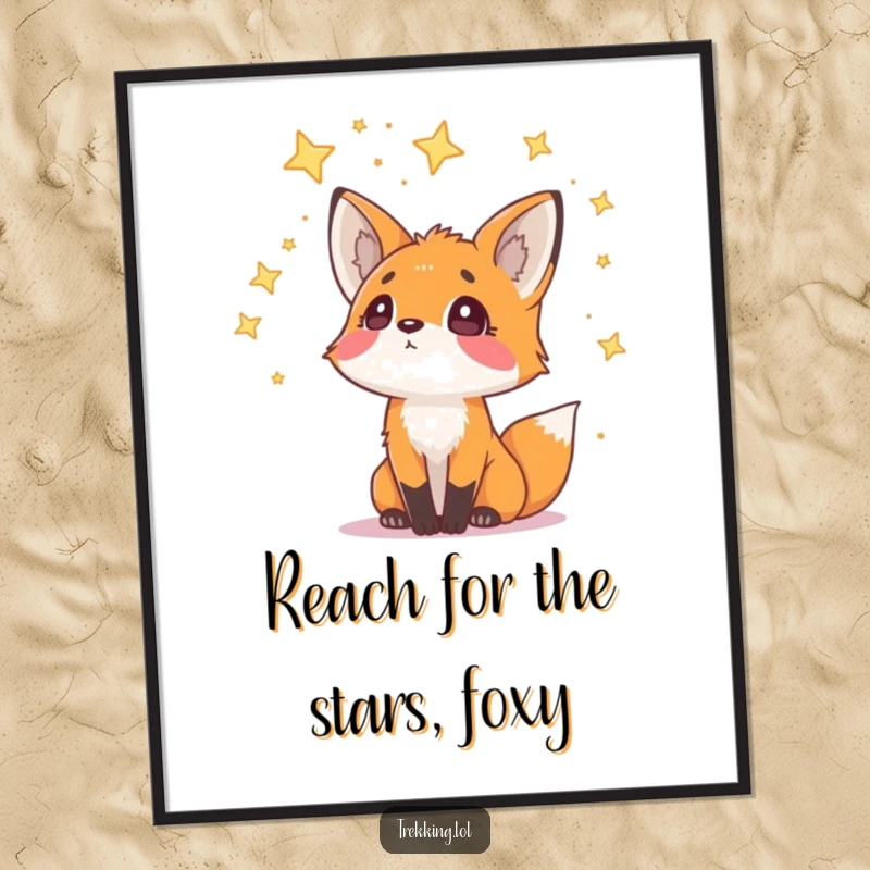 Funny Free Printable Wall Art: Curious fox looks upwards with wide-eyed wonder at a sky full of twinkling stars.