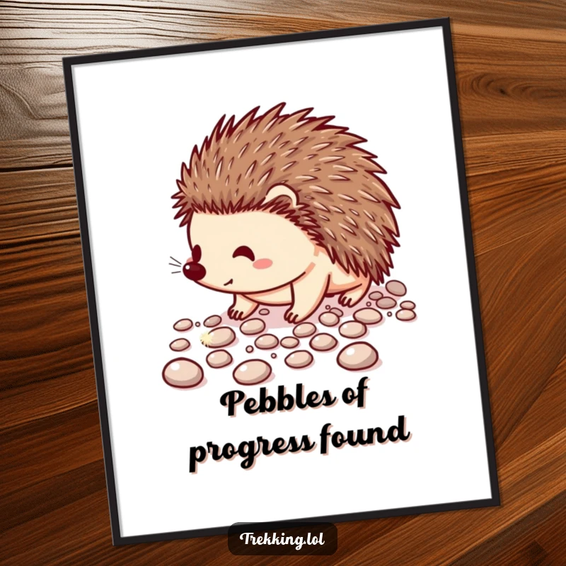 Funny Free Printable Wall Art: Happy hedgehog carefully navigating a winding path covered in dazzling, sparkling pebbles.