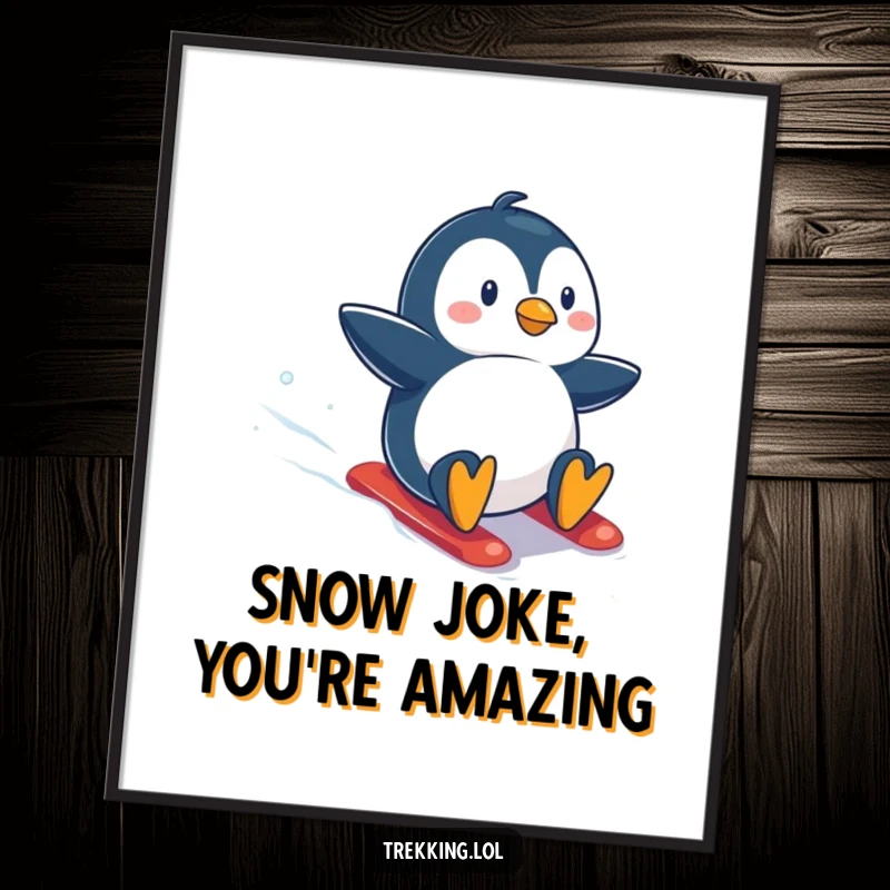 Funny Free Printable Wall Art of a determined penguin speeding down a snowy slope with pure joy and excitement.